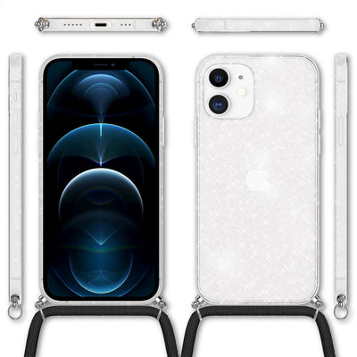 NALIA Handykette mit Neon Glitzerhülle für iPhone 12 / 12 Pro – Durchsichtig & Funkelnd – HANGIT SPARK (Transparentes Silikon Case zum Umhängen) – Marke aus Berlin Transparent Glitzer NALIA Transparente Hülle