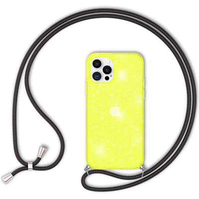 NALIA Handykette mit Neon Glitzerhülle für iPhone 12 Pro Max – Durchsichtig & Funkelnd – HANGIT SPARK (Transparentes Silikon Case zum Umhängen) – Marke aus Berlin Gelb Glitzer NALIA Transparente Hülle