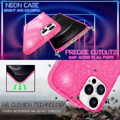NALIA Handykette mit Neon Glitzerhülle für iPhone 12 Pro Max – Durchsichtig & Funkelnd – HANGIT SPARK (Transparentes Silikon Case zum Umhängen) – Marke aus Berlin Pink Glitzer NALIA Transparente Hülle