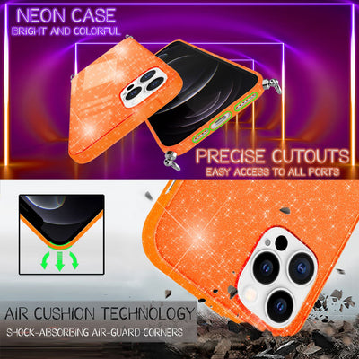 NALIA Handykette mit Neon Glitzerhülle für iPhone 12 Pro Max – Durchsichtig & Funkelnd – HANGIT SPARK (Transparentes Silikon Case zum Umhängen) – Marke aus Berlin Orange Glitzer NALIA Transparente Hülle