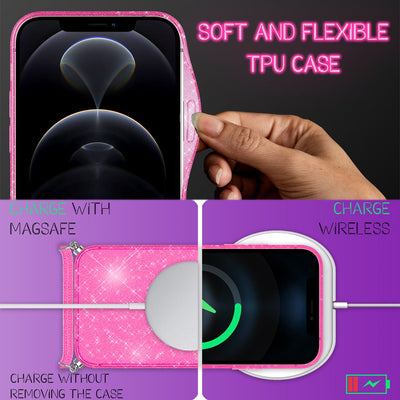 NALIA Handykette mit Neon Glitzerhülle für iPhone 12 Pro Max – Durchsichtig & Funkelnd – HANGIT SPARK (Transparentes Silikon Case zum Umhängen) – Marke aus Berlin Pink Glitzer NALIA Transparente Hülle