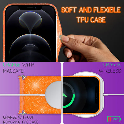 NALIA Handykette mit Neon Glitzerhülle für iPhone 12 Pro Max – Durchsichtig & Funkelnd – HANGIT SPARK (Transparentes Silikon Case zum Umhängen) – Marke aus Berlin Orange Glitzer NALIA Transparente Hülle