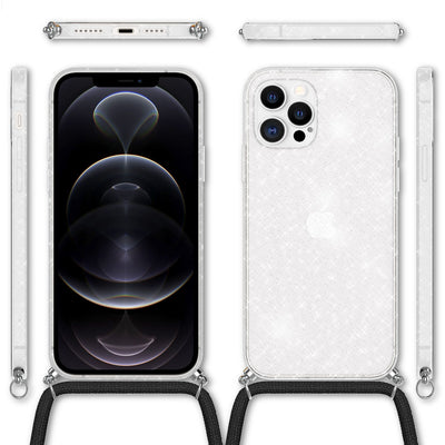 NALIA Handykette mit Neon Glitzerhülle für iPhone 12 Pro Max – Durchsichtig & Funkelnd – HANGIT SPARK (Transparentes Silikon Case zum Umhängen) – Marke aus Berlin Transparent Glitzer NALIA Transparente Hülle
