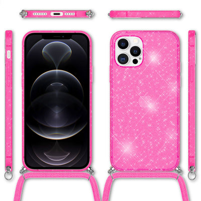 NALIA Handykette mit Neon Glitzerhülle für iPhone 12 Pro Max – Durchsichtig & Funkelnd – HANGIT SPARK (Transparentes Silikon Case zum Umhängen) – Marke aus Berlin Pink Glitzer NALIA Transparente Hülle