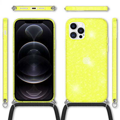 NALIA Handykette mit Neon Glitzerhülle für iPhone 12 Pro Max – Durchsichtig & Funkelnd – HANGIT SPARK (Transparentes Silikon Case zum Umhängen) – Marke aus Berlin Gelb Glitzer NALIA Transparente Hülle