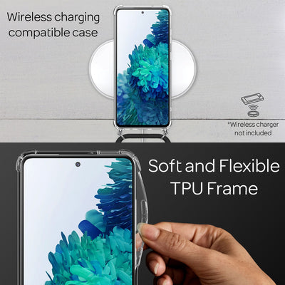 NALIA Handykette für Samsung Galaxy S20 FE – Transparentes Hybrid-Case & Band – HANGIT (Anti-Gelb Rückseite & Verstellbar) – Marke aus Berlin Schwarz NALIA Transparente Hülle