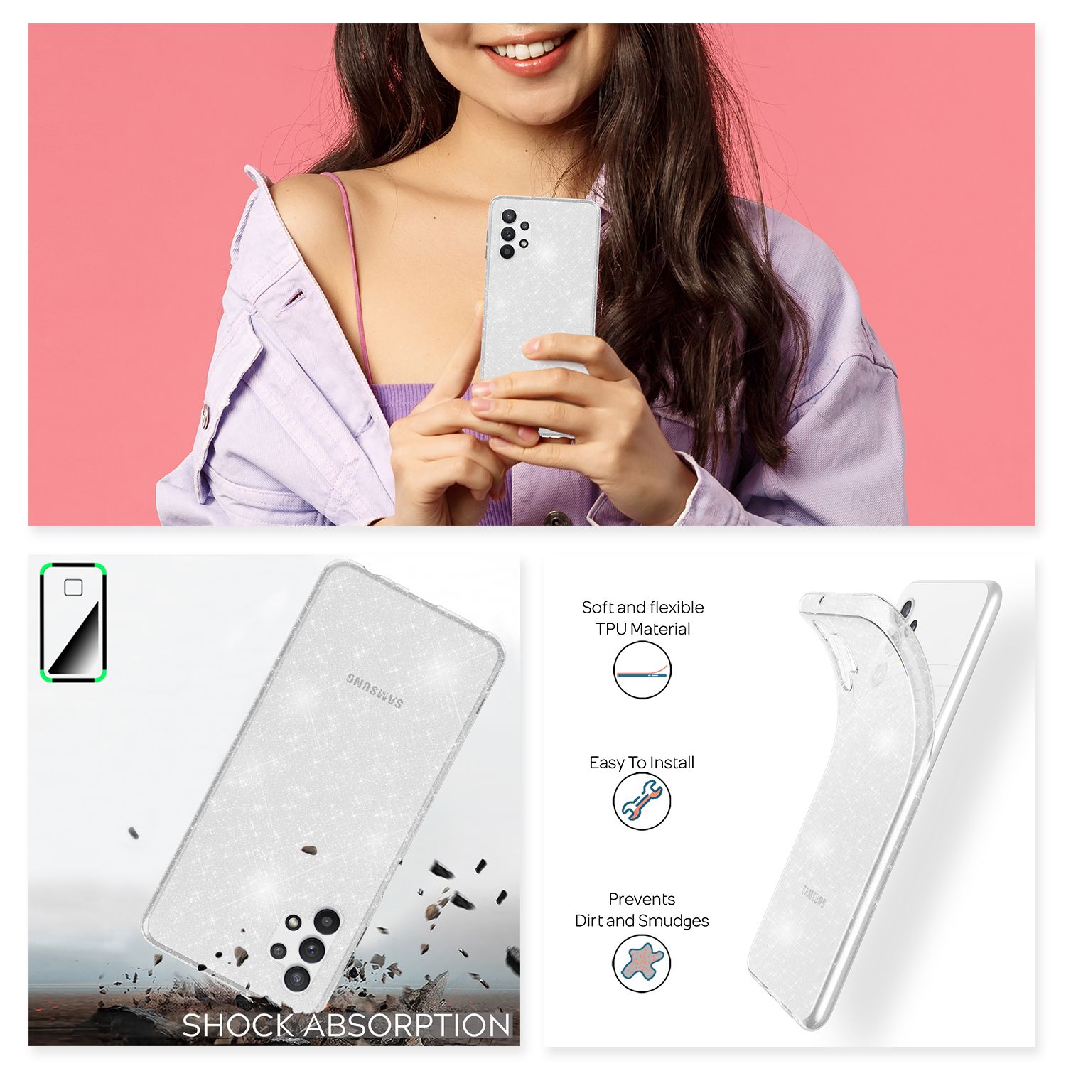NALIA Glitzer Cover für Samsung Galaxy A32 5G, Transparente Silikon Handy Hülle Transparent NALIA Transparente Hülle