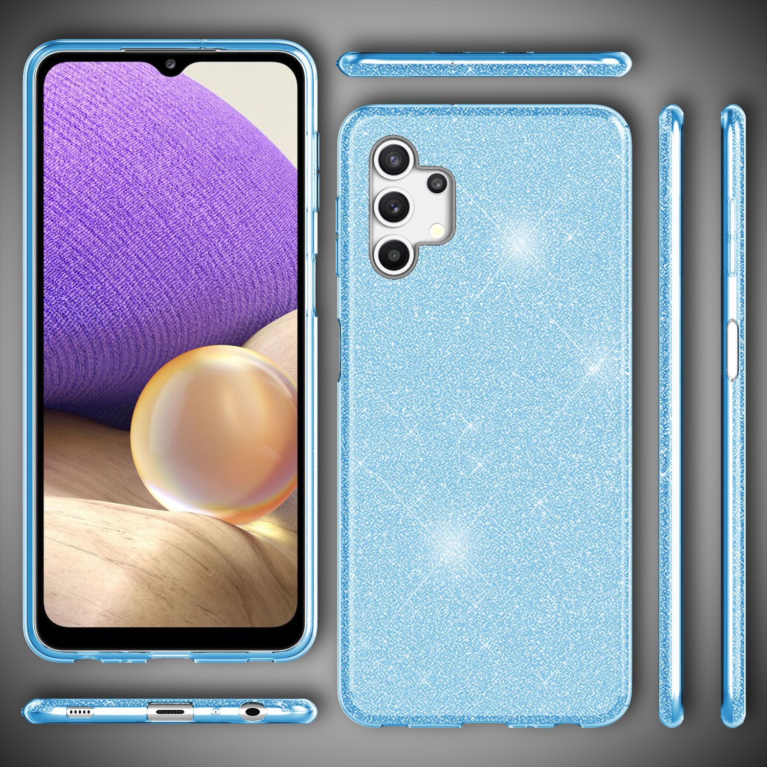 NALIA Glitzer Handy Hülle für Samsung Galaxy A32 5G, Silikon Cover Case Glänzend Blau NALIA Protective Hülle