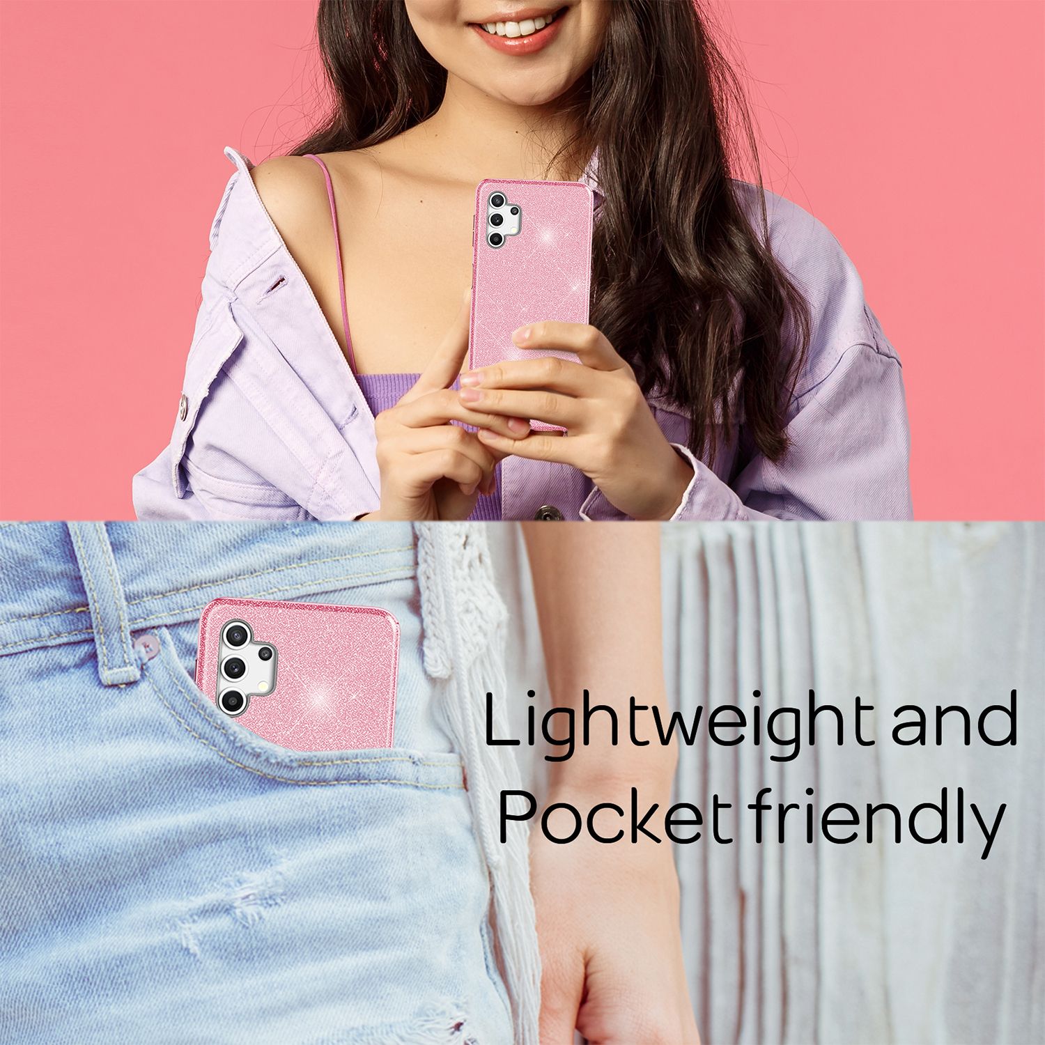 NALIA Glitzer Handy Hülle für Samsung Galaxy A32 5G, Silikon Cover Case Glänzend Pink NALIA Protective Hülle