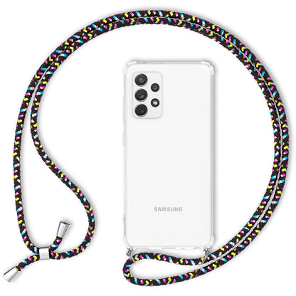 NALIA Handy Hülle mit Kette für Samsung Galaxy A72, Case Cover Umhängen Necklace Schwarz Bunt NALIA Transparente Hülle