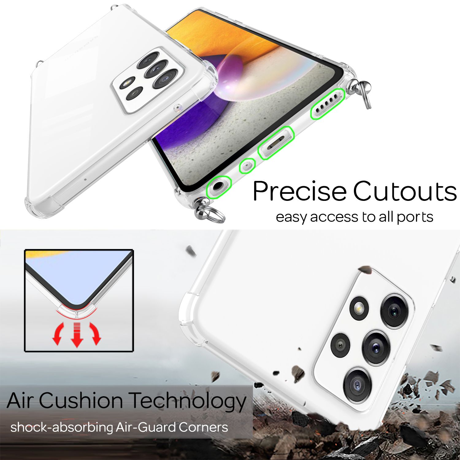 NALIA Handy Hülle mit Kette für Samsung Galaxy A72, Case Cover Umhängen Necklace Regenbogen NALIA Transparente Hülle