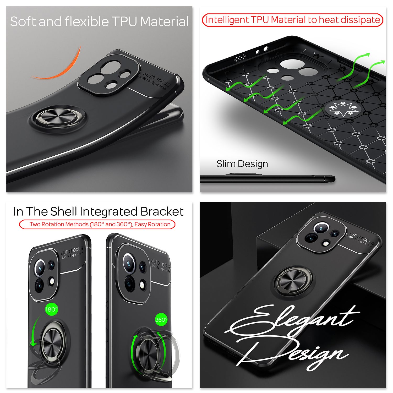 NALIA Ring Handyhülle für Xiaomi Mi 11 5G, Silikon Cover Schutz Tasche Case Etui Schwarz NALIA Protective Hülle