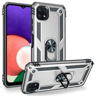 NALIA Panzerhülle für Samsung Galaxy A22 5G – Ring-Ständer 360° & Magnet-Halterung Kompatibel – RINGDEFEND (Stoßfestes Outdoor Case) – Marke aus Berlin Silber NALIA Protective Hülle