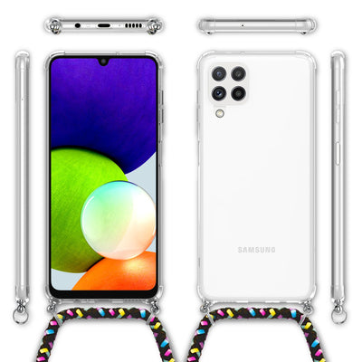 NALIA Handykette für Samsung Galaxy A22 4G – Transparentes Hybrid-Case & Band – HANGIT (Anti-Gelb Rückseite & Verstellbar) – Marke aus Berlin Schwarz Bunt NALIA Transparente Hülle