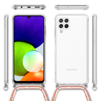 NALIA Handykette für Samsung Galaxy A22 4G – Transparentes Hybrid-Case & Band – HANGIT (Anti-Gelb Rückseite & Verstellbar) – Marke aus Berlin Regenbogen NALIA Transparente Hülle