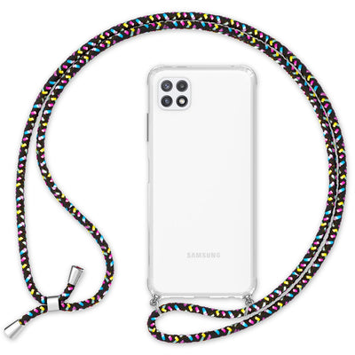 NALIA Handykette für Samsung Galaxy A22 5G – Transparentes Hybrid-Case & Band – HANGIT (Anti-Gelb Rückseite & Verstellbar) – Marke aus Berlin Schwarz Bunt NALIA Transparente Hülle
