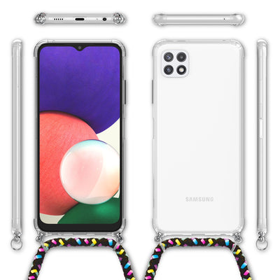 NALIA Handykette für Samsung Galaxy A22 5G – Transparentes Hybrid-Case & Band – HANGIT (Anti-Gelb Rückseite & Verstellbar) – Marke aus Berlin Schwarz Bunt NALIA Transparente Hülle