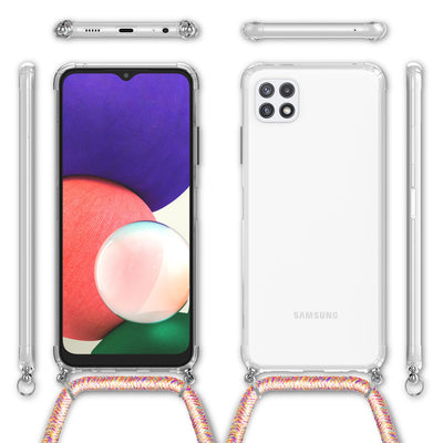 NALIA Handykette für Samsung Galaxy A22 5G – Transparentes Hybrid-Case & Band – HANGIT (Anti-Gelb Rückseite & Verstellbar) – Marke aus Berlin Regenbogen NALIA Transparente Hülle