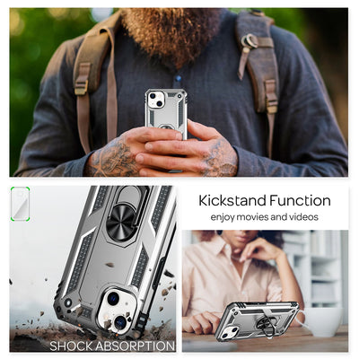 NALIA Panzerhülle für iPhone 13 – Ring-Ständer 360° & Magnet-Halterung Kompatibel – RINGDEFEND (Stoßfestes Outdoor Case) – Marke aus Berlin Silber NALIA Protective Hülle