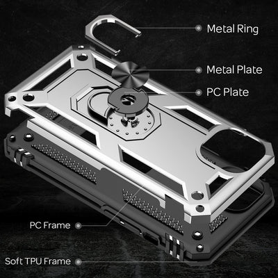 NALIA Panzerhülle für iPhone 13 – Ring-Ständer 360° & Magnet-Halterung Kompatibel – RINGDEFEND (Stoßfestes Outdoor Case) – Marke aus Berlin Silber NALIA Protective Hülle