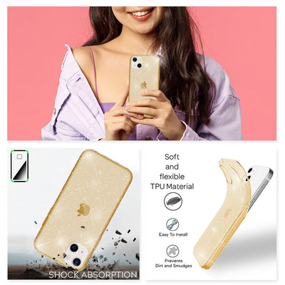 NALIA Glitzerhülle für iPhone 13 – Funkelndes Silikon Case – DAZZLIN (Transparent & Stoßfest) – Marke aus Berlin Gold NALIA Transparente Hülle