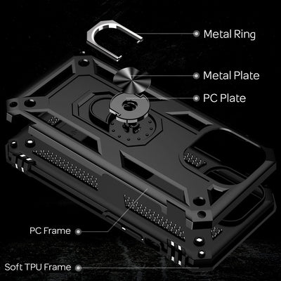NALIA Panzerhülle für iPhone 13 Pro – Ring-Ständer 360° & Magnet-Halterung Kompatibel – RINGDEFEND (Stoßfestes Outdoor Case) – Marke aus Berlin Schwarz NALIA Protective Hülle