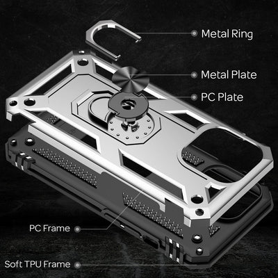 NALIA Panzerhülle für iPhone 13 Pro – Ring-Ständer 360° & Magnet-Halterung Kompatibel – RINGDEFEND (Stoßfestes Outdoor Case) – Marke aus Berlin Silber NALIA Protective Hülle