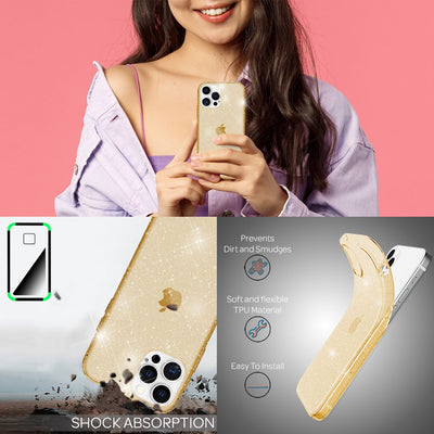 NALIA Glitzerhülle für iPhone 13 Pro – Funkelndes Silikon Case – DAZZLIN (Transparent & Stoßfest) – Marke aus Berlin Gold NALIA Transparente Hülle