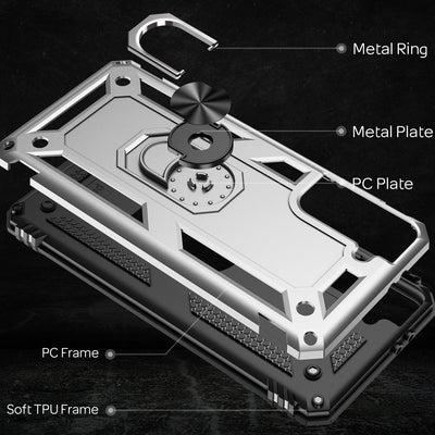 NALIA Panzerhülle für Samsung Galaxy S21 FE – Ring-Ständer 360° & Magnet-Halterung Kompatibel – RINGDEFEND (Stoßfestes Outdoor Case) – Marke aus Berlin Silber NALIA Protective Hülle