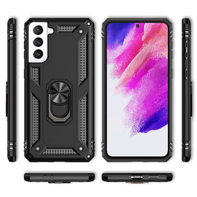 NALIA Panzerhülle für Samsung Galaxy S21 FE – Ring-Ständer 360° & Magnet-Halterung Kompatibel – RINGDEFEND (Stoßfestes Outdoor Case) – Marke aus Berlin Schwarz NALIA Protective Hülle