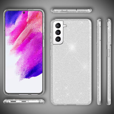 NALIA Glitzerhülle für Samsung Galaxy S21 FE – Funkelnder Glitzer-Look & Grip – SHINEPOP (Silikon Case) – Marke aus Berlin Silber NALIA Protective Hülle