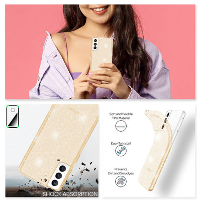 NALIA Glitzerhülle für Samsung Galaxy S21 FE – Funkelndes Silikon Case – DAZZLIN (Transparent & Stoßfest) – Marke aus Berlin Gold NALIA Transparente Hülle