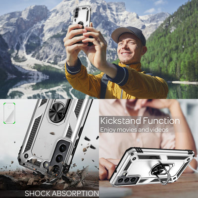 NALIA Panzerhülle für Samsung Galaxy S22 – Ring-Ständer 360° & Magnet-Halterung Kompatibel – RINGDEFEND (Stoßfestes Outdoor Case) – Marke aus Berlin Silber NALIA Protective Hülle