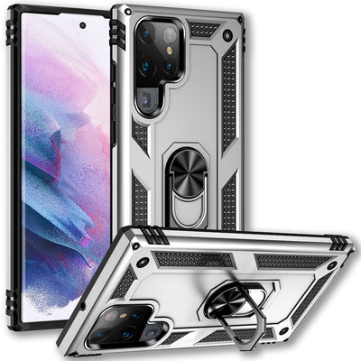 NALIA Panzerhülle für Samsung Galaxy S22 Ultra – Ring-Ständer 360° & Magnet-Halterung Kompatibel – RINGDEFEND (Stoßfestes Outdoor Case) – Marke aus Berlin Silber NALIA Protective Hülle