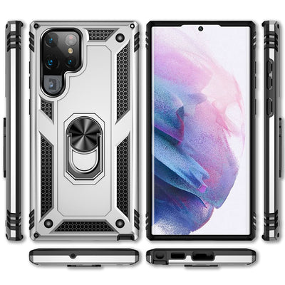 NALIA Panzerhülle für Samsung Galaxy S22 Ultra – Ring-Ständer 360° & Magnet-Halterung Kompatibel – RINGDEFEND (Stoßfestes Outdoor Case) – Marke aus Berlin Silber NALIA Protective Hülle