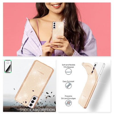NALIA Glitzerhülle für Samsung Galaxy S22 – Funkelndes Silikon Case – DAZZLIN (Transparent & Stoßfest) – Marke aus Berlin Gold NALIA Transparente Hülle