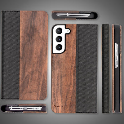 NALIA Echt-Holz Flipcase kompatibel mit Samsung Galaxy S22 Plus Hülle, FSC zert. Natur Holzhülle mit Standfunktion & Kartenfach, Premium Wood Case Wallet Rundum-Schutz Handyhülle Klapphülle - Walnuss Default Title NALIA Protective Hülle