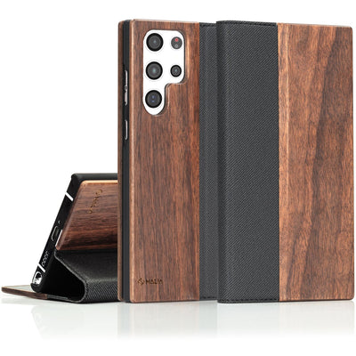 NALIA Echt-Holz Flipcase kompatibel mit Samsung Galaxy S22 Ultra Hülle, FSC zert. Natur Holzhülle mit Standfunktion & Kartenfach, Premium Wood Case Wallet Rundum-Schutz Handyhülle Bookcase - Walnuss Default Title NALIA Protective Hülle