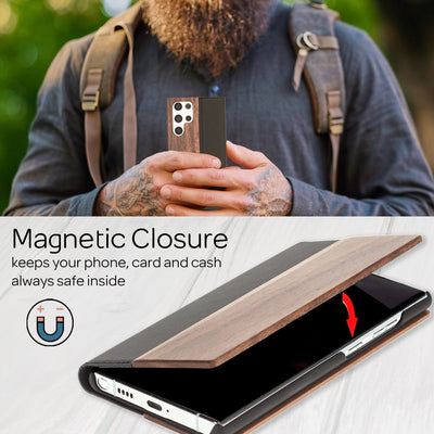 NALIA Echt-Holz Flipcase kompatibel mit Samsung Galaxy S22 Ultra Hülle, FSC zert. Natur Holzhülle mit Standfunktion & Kartenfach, Premium Wood Case Wallet Rundum-Schutz Handyhülle Bookcase - Walnuss Default Title NALIA Protective Hülle