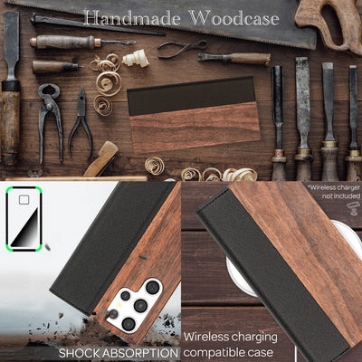 NALIA Echt-Holz Flipcase kompatibel mit Samsung Galaxy S22 Ultra Hülle, FSC zert. Natur Holzhülle mit Standfunktion & Kartenfach, Premium Wood Case Wallet Rundum-Schutz Handyhülle Bookcase - Walnuss Default Title NALIA Protective Hülle