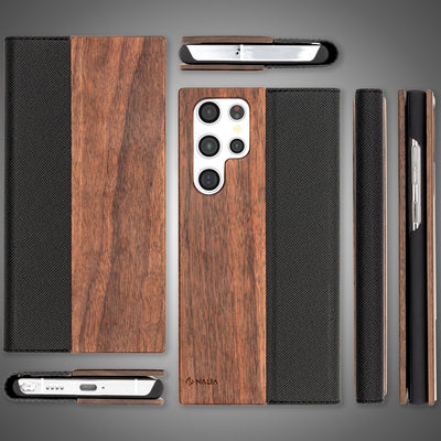 NALIA Echt-Holz Flipcase kompatibel mit Samsung Galaxy S22 Ultra Hülle, FSC zert. Natur Holzhülle mit Standfunktion & Kartenfach, Premium Wood Case Wallet Rundum-Schutz Handyhülle Bookcase - Walnuss Default Title NALIA Protective Hülle