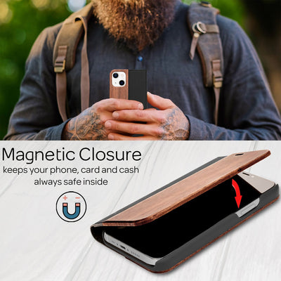 NALIA Echt-Holz Flipcase kompatibel mit iPhone 13 Mini Hülle, FSC zert. Natur Holzhülle mit Standfunktion & Kartenfach, Premium Wood Case Wallet Rundum-Schutz Handyhülle Klapphülle Bookcase - Walnuss Default Title NALIA Protective Hülle