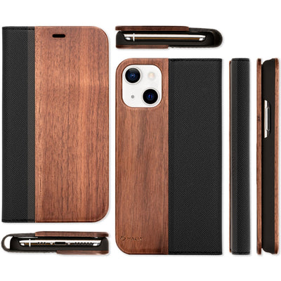 NALIA Echt-Holz Flipcase kompatibel mit iPhone 13 Hülle, FSC zert. Natur Holzhülle mit Standfunktion & Kartenfach, Premium Wood Case Wallet Rundum-Schutz Handyhülle Klapphülle Bookcase Etui - Walnuss Default Title NALIA Protective Hülle