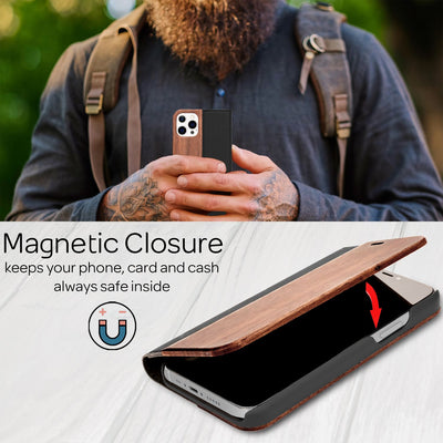 NALIA Echt-Holz Flipcase kompatibel mit iPhone 13 Pro Max Hülle, FSC zert. Natur Holzhülle mit Standfunktion & Kartenfach, Premium Wood Case Wallet Rundum-Schutz Handyhülle Klapphülle Etui - Walnuss Default Title NALIA Protective Hülle