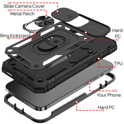 NALIA Military-Style Ringhülle kompatibel mit iPhone 13 Hülle, Extrem Schützend mit Display-Rahmen & Kamera-Abdeckung, 360° Ring für Standfunktion & KFZ-Halterung, Hardcase Stoßfest Schwarz NALIA Protective Hülle