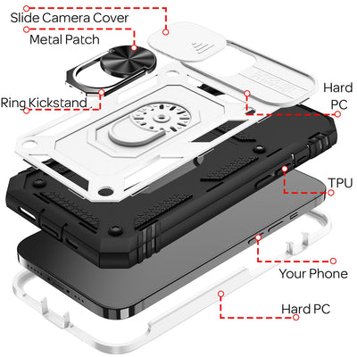 NALIA Military-Style Ringhülle kompatibel mit iPhone 13 Hülle, Extrem Schützend mit Display-Rahmen & Kamera-Abdeckung, 360° Ring für Standfunktion & KFZ-Halterung, Hardcase Stoßfest Weiß NALIA Protective Hülle