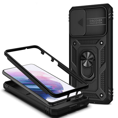 NALIA Military-Style Ringhülle kompatibel mit Samsung Galaxy S21 Hülle, Extrem Schützend mit Display-Rahmen & Kamera-Abdeckung, 360° Ring für Standfunktion & KFZ-Halterung, Hardcase Schwarz NALIA Protective Hülle