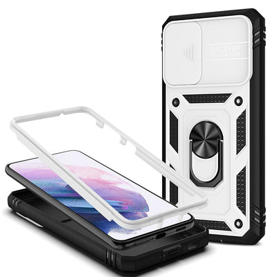 NALIA Military-Style Ringhülle kompatibel mit Samsung Galaxy S21 Hülle, Extrem Schützend mit Display-Rahmen & Kamera-Abdeckung, 360° Ring für Standfunktion & KFZ-Halterung, Hardcase Weiß NALIA Protective Hülle