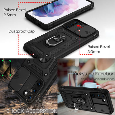 NALIA Military-Style Ringhülle kompatibel mit Samsung Galaxy S21 Hülle, Extrem Schützend mit Display-Rahmen & Kamera-Abdeckung, 360° Ring für Standfunktion & KFZ-Halterung, Hardcase Schwarz NALIA Protective Hülle