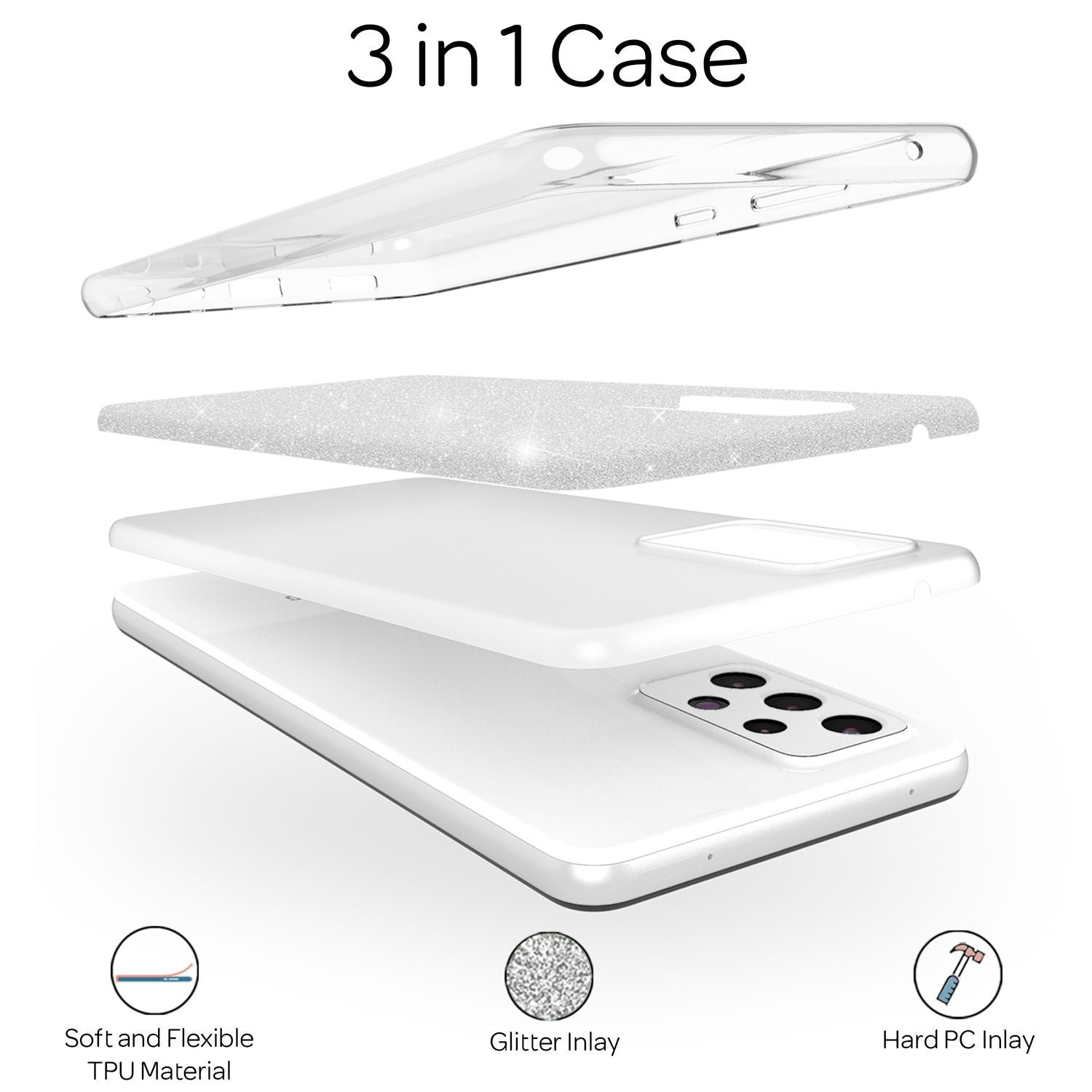 NALIA Robuste Glitzerhülle für Samsung Galaxy A53, Glänzende Glitzer Hybrid Schutzhülle Verstärkte Silikon Handyhülle Silber NALIA Protective Hülle